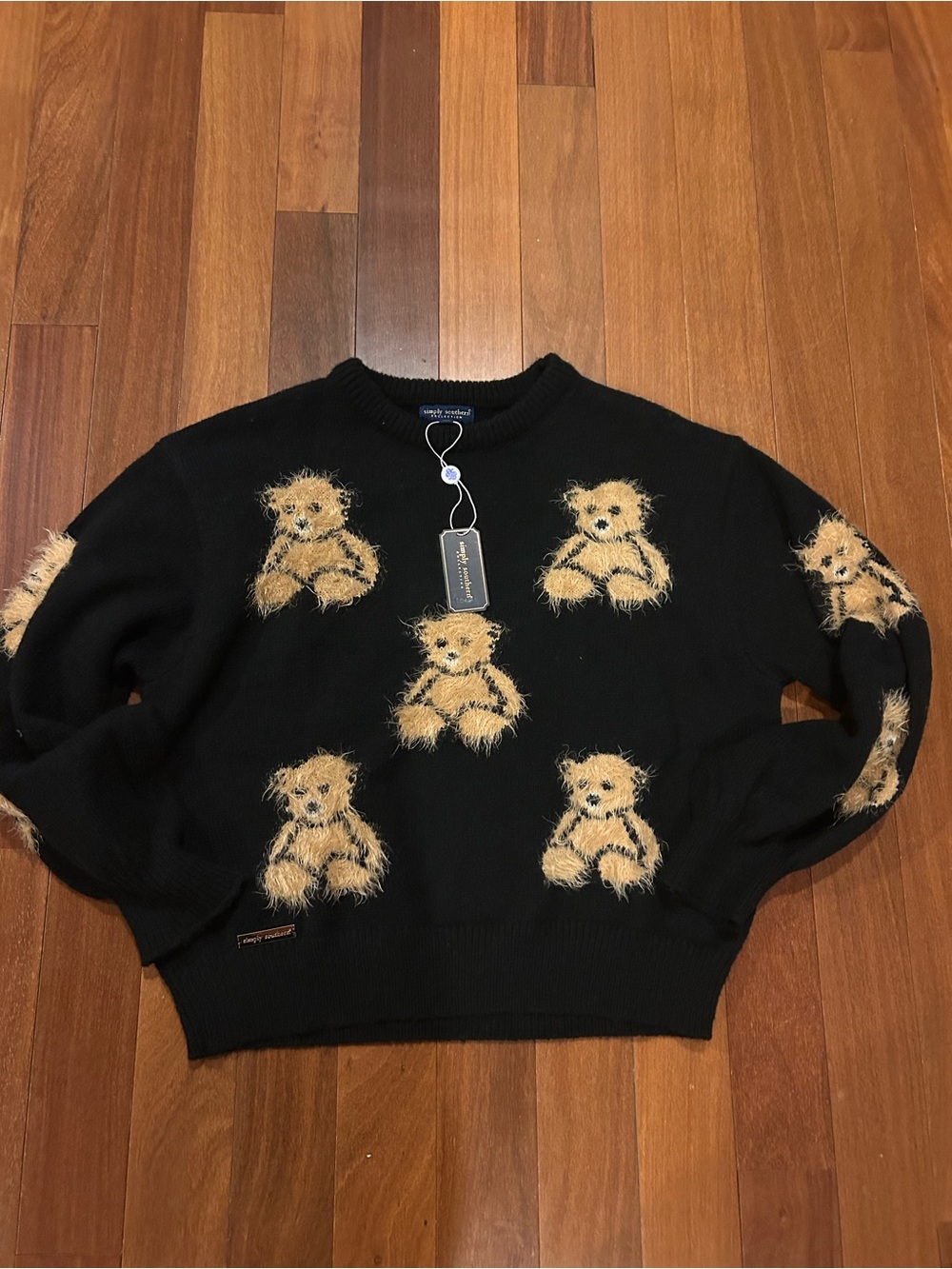 Simply Southern Black Crewneck Sweater with Tan Teddy Bear Appliqués size S